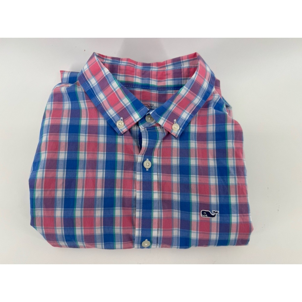 Vineyard Vines Shirt Boys L 16 Blue Pink Plaid Cotton Button Down Casual Preppy